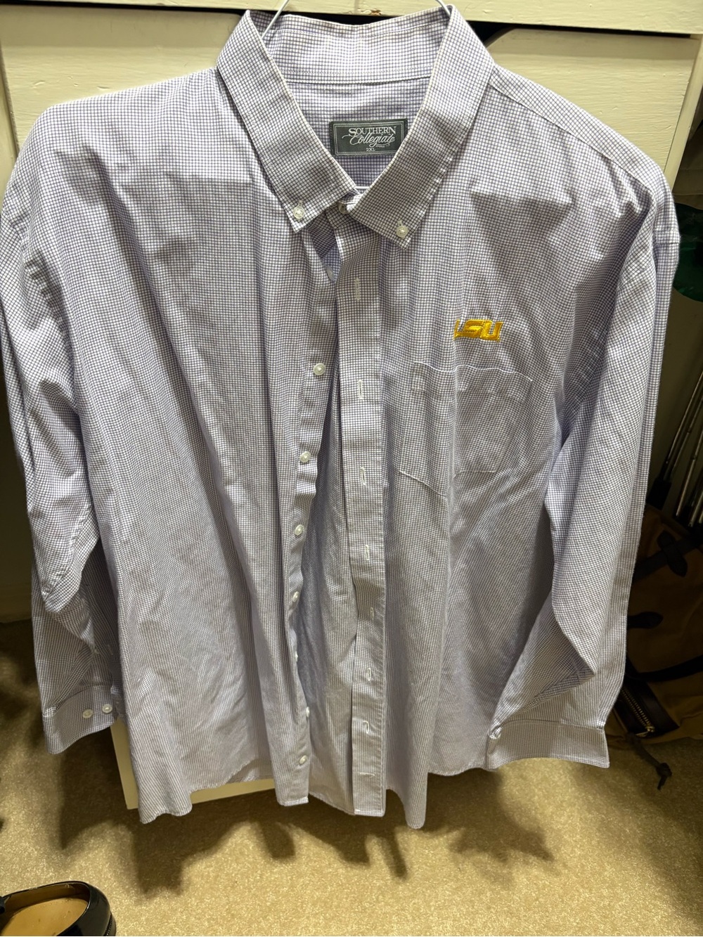 Men's White & Purple Check Button-Down Shirt with Gold LSU Logo Game Day